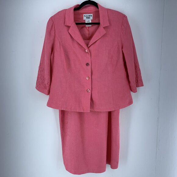 Plaze South Dresses & Skirts - Vtg Womens 14W Suit Set‎ Dress Jacket Linen Blend Embroidered Trad Wife Feminine
